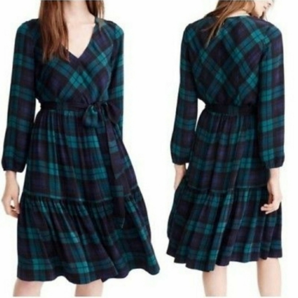 J. Crew Classic Tartan Blackwatch Plaid Drapey Long Sleeve Dress H3169 Sz4